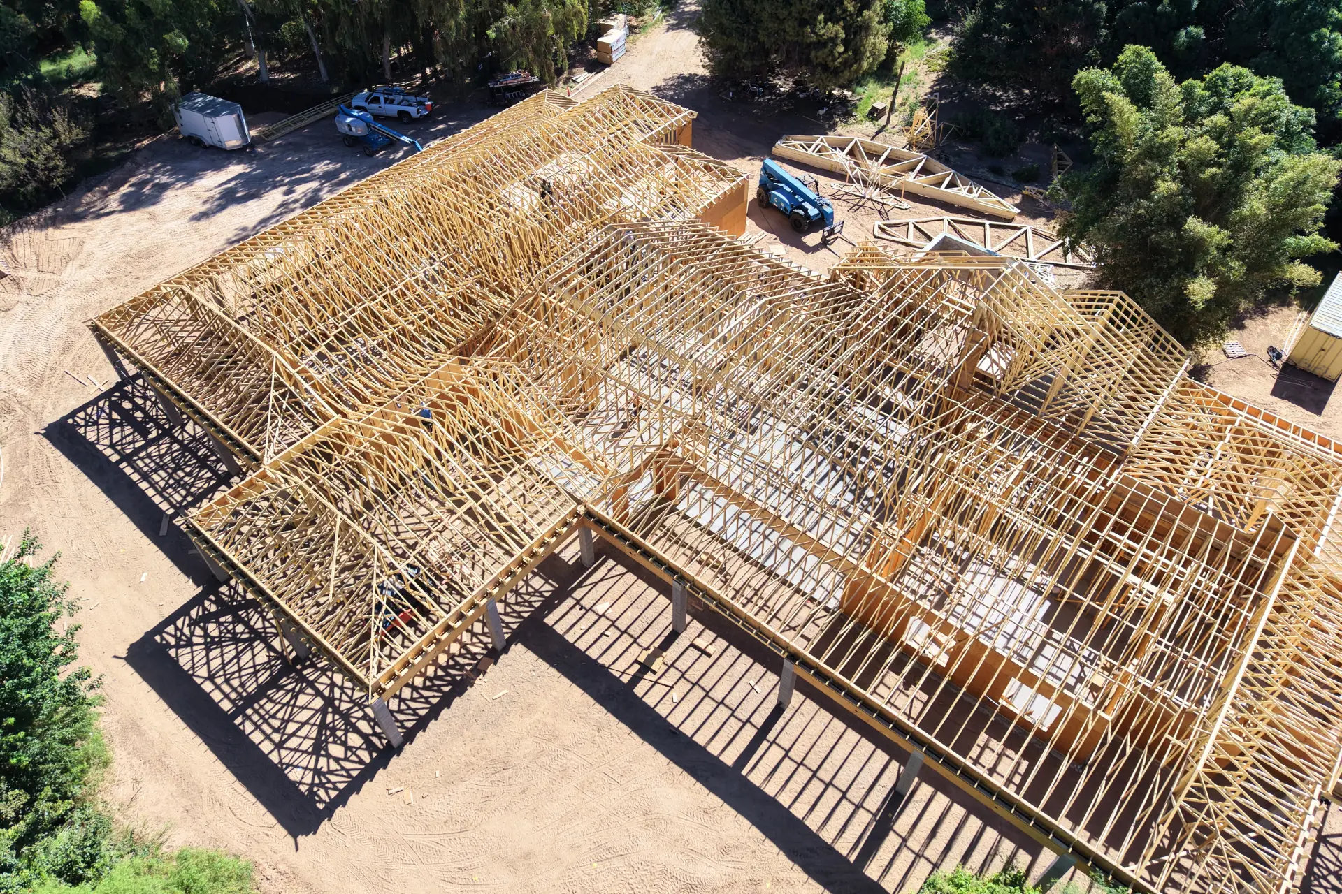 Roof truss framing installed on a sprawling new build