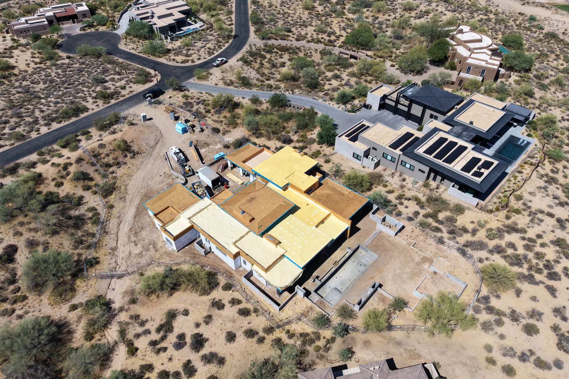Aerial of a foam roof install on a North Scottsdale new build
