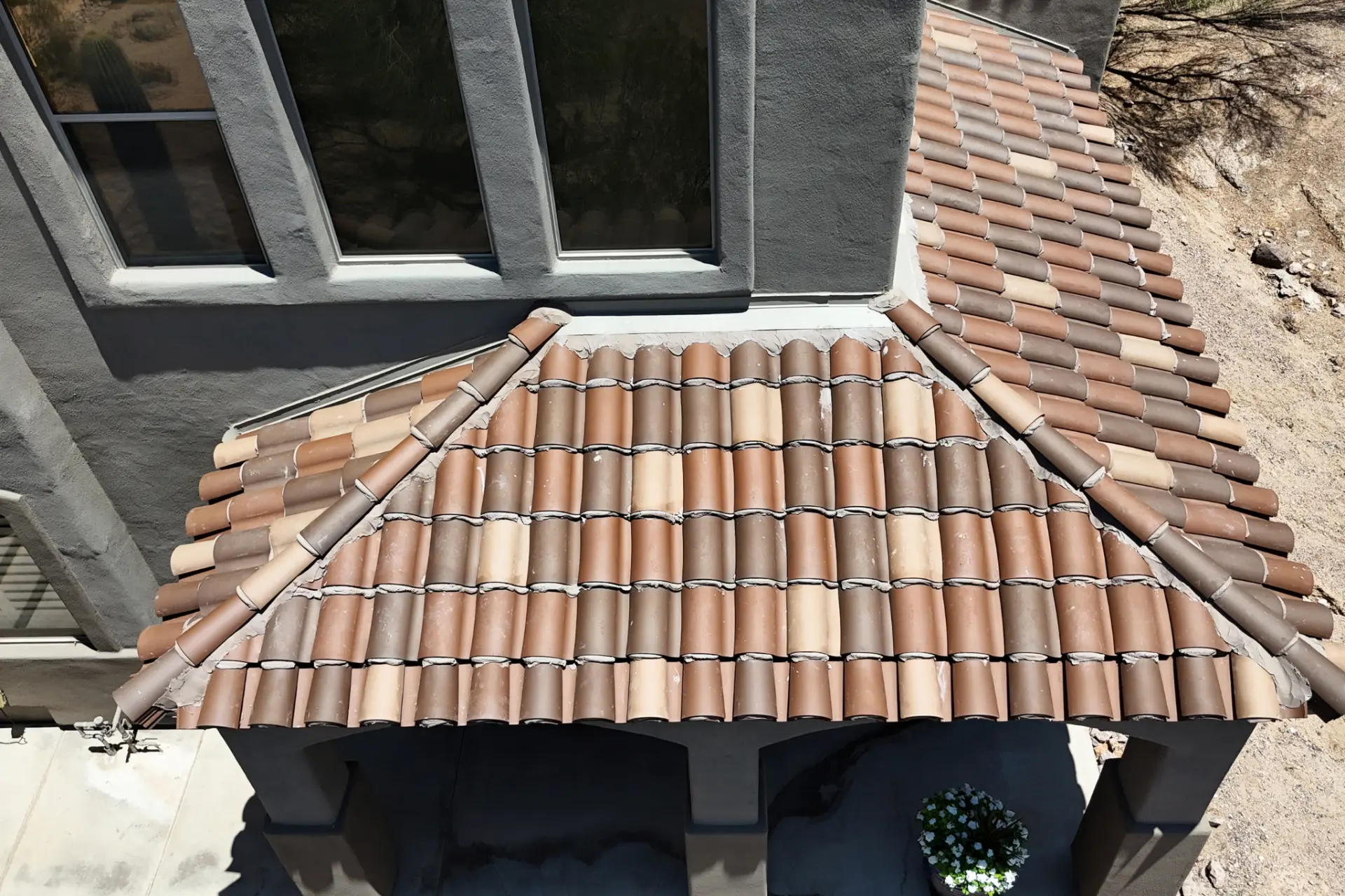 Mud set clay tile roof detail on a desert residence