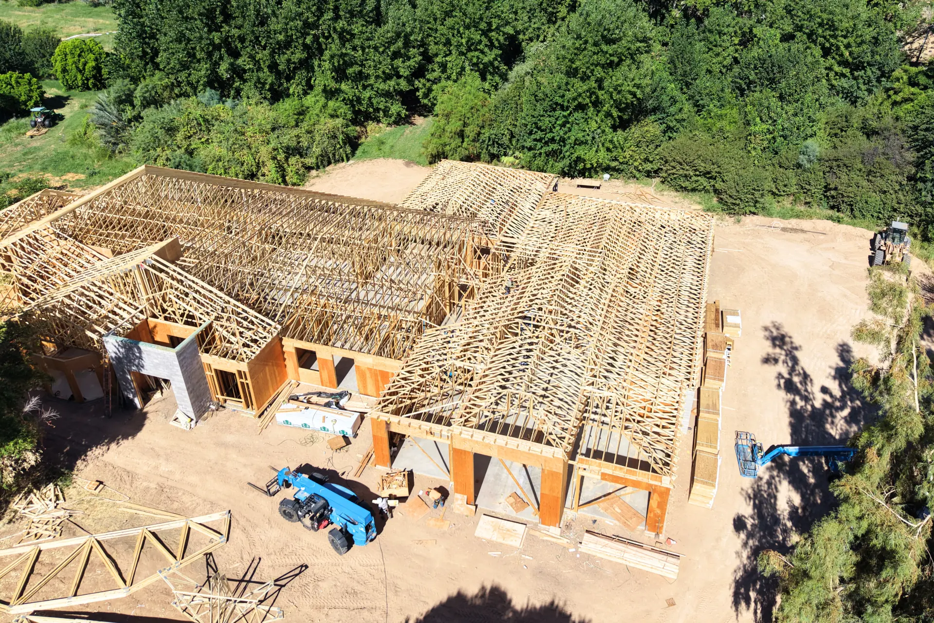 Roof truss framing set on a new custom home build