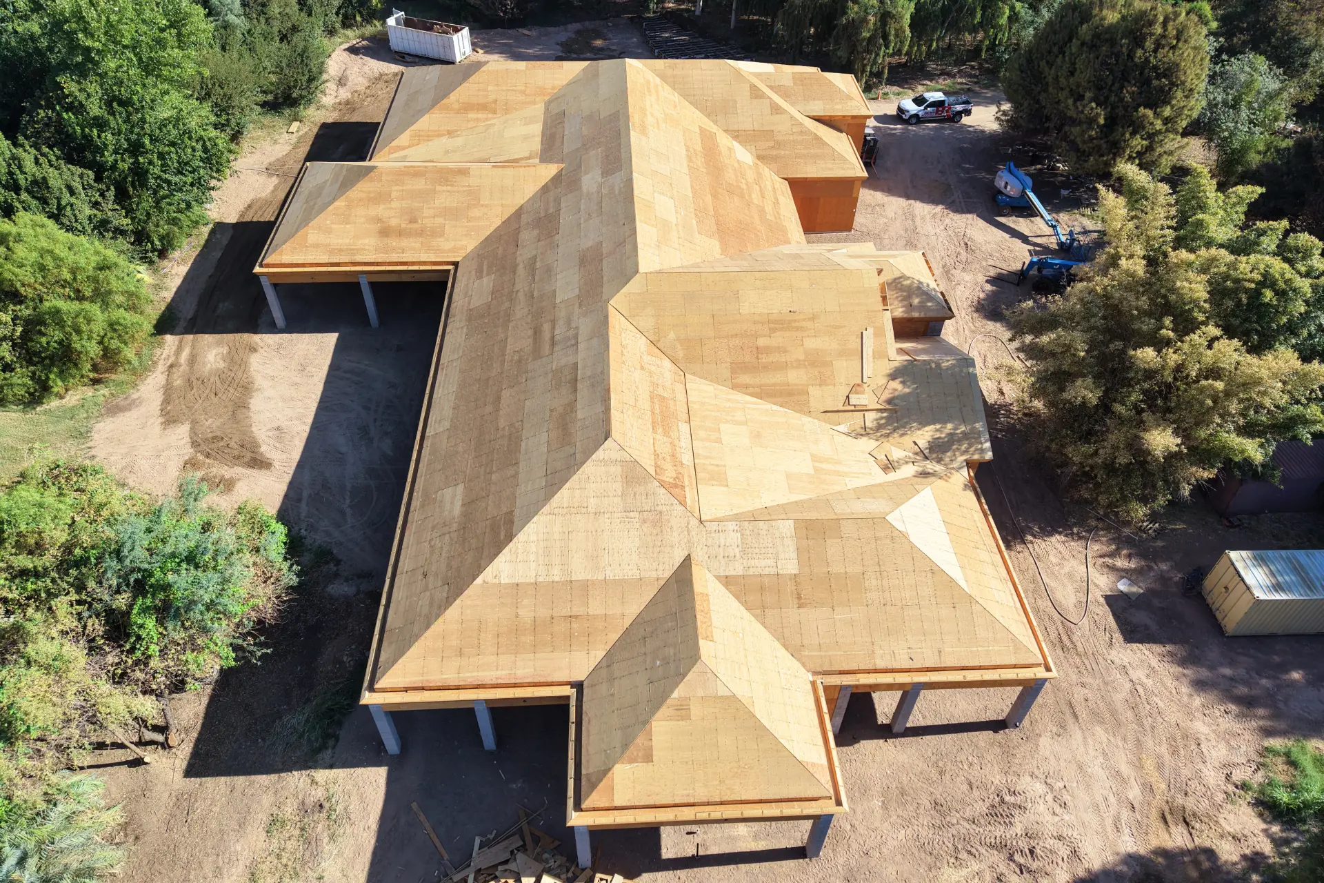 Completed roof decking on a large custom home before underlayment